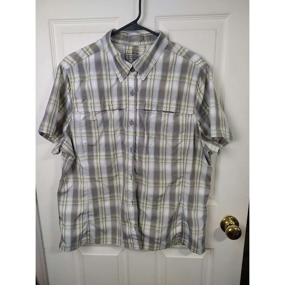 L.L. Bean Men's XL S/S Shirt Vented Grey Yellow Plaid Activewear lightweight